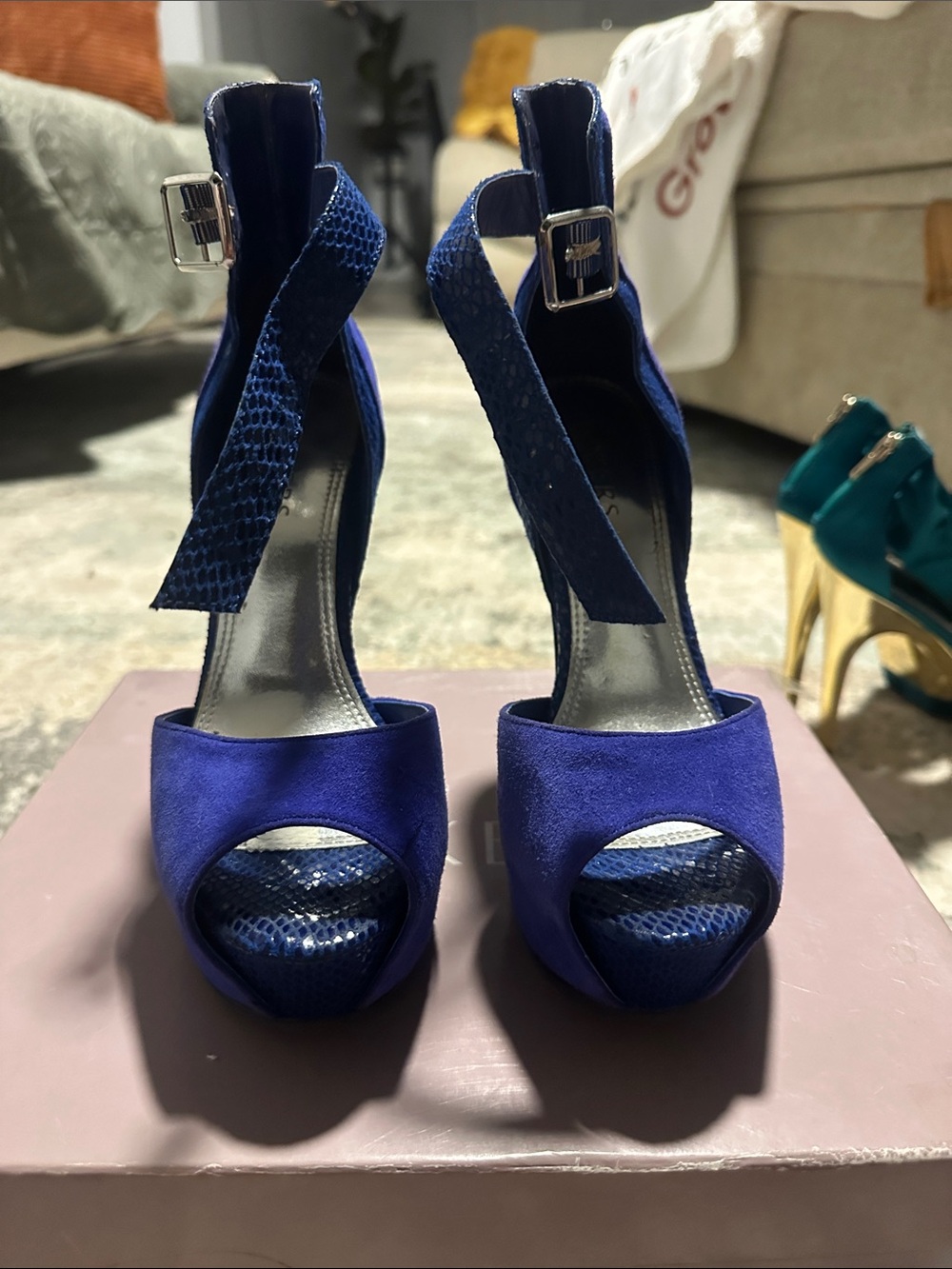 Bakers Royal Blue Suede & Snakeskin Peep-Toe Ankle Strap Heels